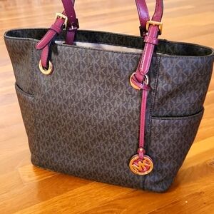 Michael Kors Classic Brown,Black and Purple Tote Bag